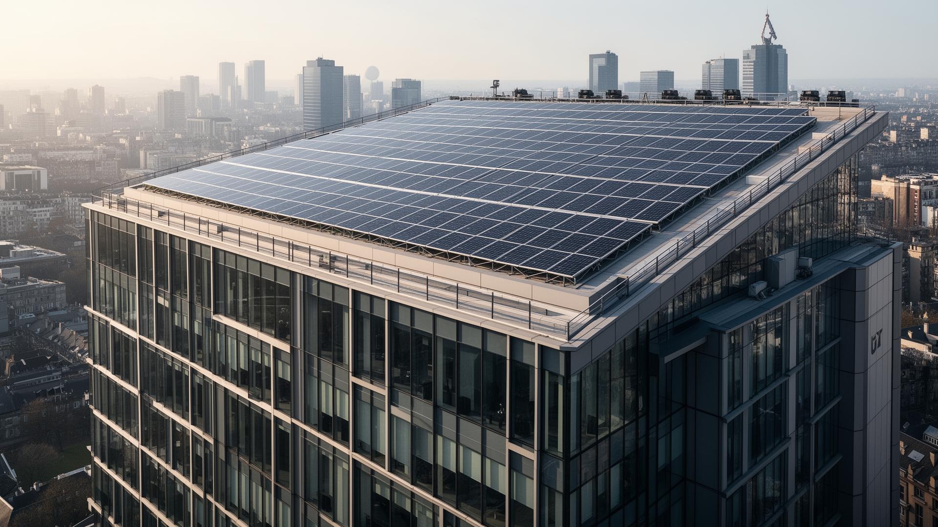 Immeuble tertiaire moderne avec toiture équipée de panneaux photovoltaïques en milieu urbain